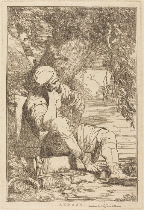 The image shows a seated person leaning against a tree, with one leg bent and the other stretched out. The person's hand is under their chin in a thoughtful pose. They have a beard and are wearing a turban. The individual is dressed in loose-fitting clothing with rolled-up sleeves and appears to be barefoot. The background features foliage with branches and leaves, creating a natural setting. The sky is visible with clouds, contributing to the outdoor atmosphere.