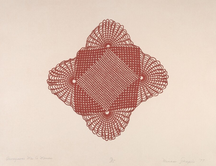 The image displays a diamond-shaped design with intricate lines forming a lace-like pattern. The design resembles a delicately woven textile or decorative doily. Radiating semicircular shapes at the four corners evoke scalloped seashells, adding symmetry and balance. Overlapping lines within the diamond are similar to crosshatch stitches in embroidery, suggesting complex craftsmanship.