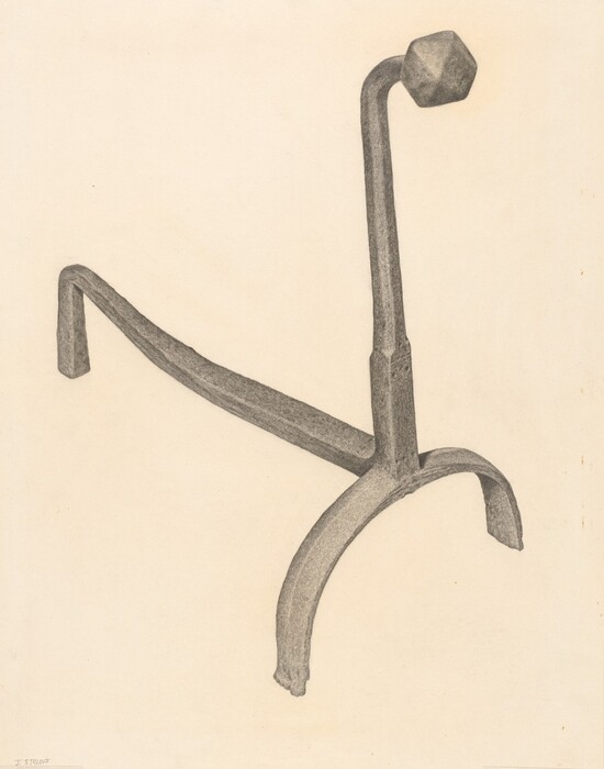 The image depicts a single metallic object with a vertical post and a horizontal arm forming a tripod-like base. The color palette is mainly grayscale against a light beige background. The object stands upright with the post extending upwards and the base stretching across the image.