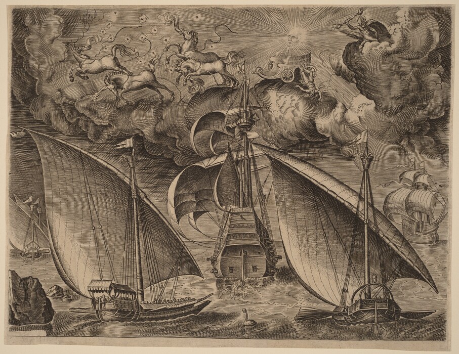 The image shows an etching of wooden sailing ships on the water, with waves and additional ships in the distance. Above the ships, dynamic cloud formations swirl across the sky. One cloud formation resembles a chariot led by horses emerging from a radiant figure in the sky. The etching exhibits detailed line work and cross-hatching for texture on both the sea and sky. The color palette is limited to black and white, emphasizing contrasts and creating a dramatic composition.