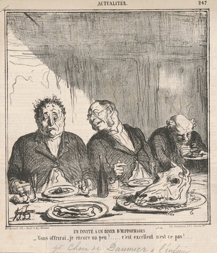 Un invité à un dîner d'hippophages: Vous offrirai-je encore un peu?  C'est excellent, n'est-ce pas?