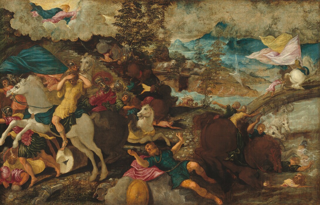 About two dozen, light-skinned men and more than a dozen horses tumble across a rocky shore along a body of water, all against a deep landscape in this horizontal painting. At the bottom center of the canvas, a bearded man, Saint Paul, wears a teal-blue tunic and coral-pink cape, and he lies sprawled across a short set of gray, stone steps, perhaps a fragment from a building. With his head to our left, his body is tipped toward us and his arms are raised, palms facing out, as he looks back and up. He wears a thick gold chain around his neck, and the gold hilt of a sword hangs from his gold belt. A round gold shield is propped on the steps, and other pieces of armor, including a silver helmet and sleeve, are strewn in the grass nearby. To our left, a man wearing a mustard-yellow tunic and teal-blue cape rides a rearing white horse. The rider clutches his own head with both hands. Behind this horse and rider, men wearing emerald green, butter yellow, peach, or blue and metal helmets struggle around brown or white horses. To the right of Saint Paul, a chestnut-brown horse crouches near the edge of a river, and several men and more horses flail in the water. A pebbled path running behind Saint Paul leads to a low, arched bridge that spans the river and extends off the right edge of the composition. Carrying billowing, triangular flags in pale peach, pink, and yellow, men ride and push at a pair of rearing horses on the bridge. To our right, the river winds through a deep, mountainous landscape. To our left, yet more men and horses spill down a flight of stone stairs leading up to a bank of parchment-white clouds that span the sky in the top third of the painting. A bearded, blond man at the upper left corner, wearing rose pink and royal blue, stretches out across the clouds to gesture with an open palm to the landscape below.