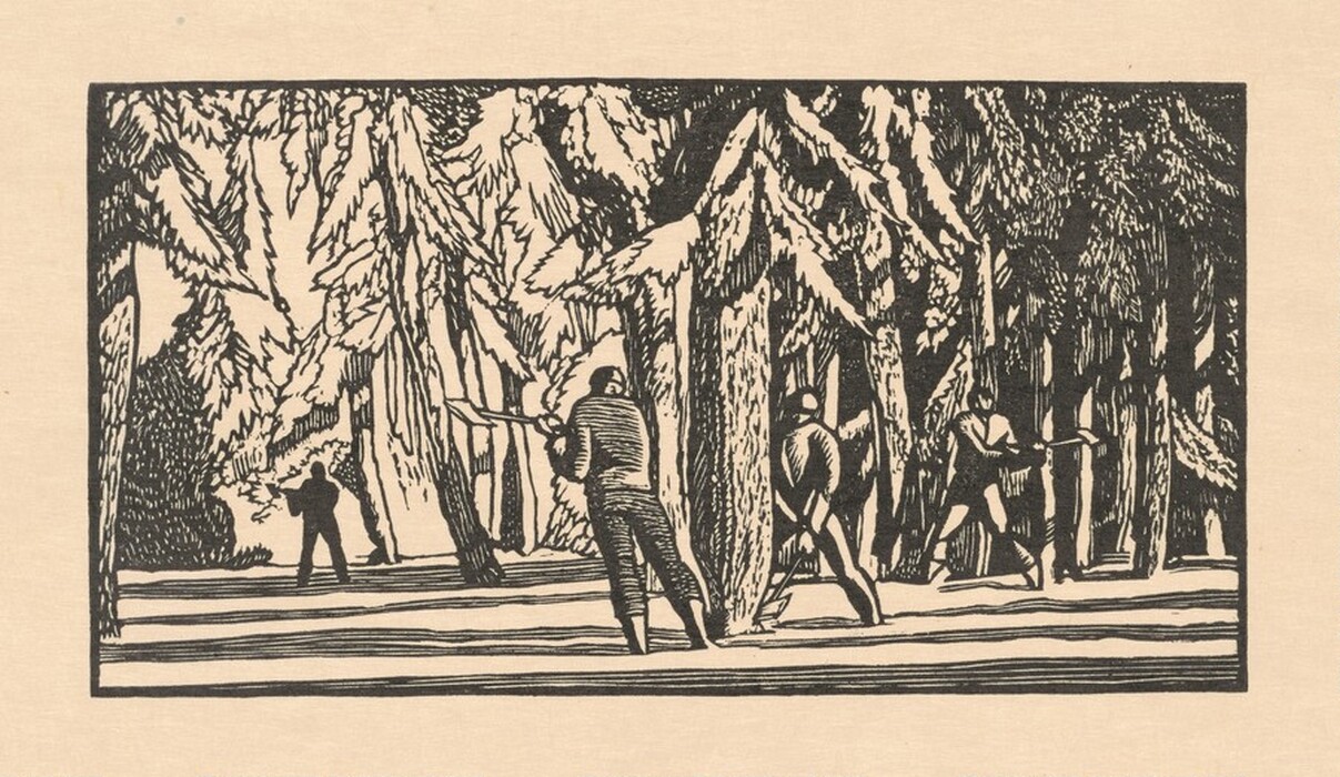 The image displays a forest scene depicted from a slightly elevated point of view. The view is obscured by thick, overlapping trees with bold, black outlines against a tan or light cream-colored background. Several figures are portrayed among the trees, holding tools that imply engagement in activities like logging or woodwork. The trees create a layered effect in the composition.
