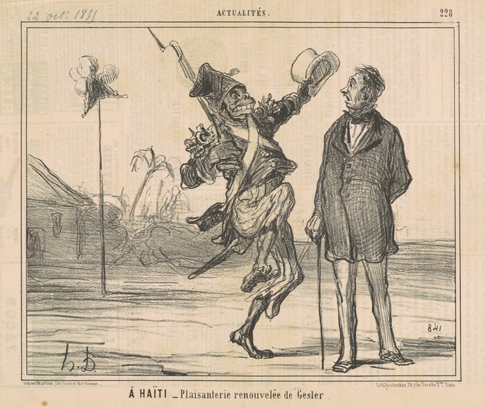 This is a drawing featuring two figures. One figure is in a dynamic pose, wearing a flamboyant outfit with a tall feathered hat and holding a rifle. The figure is gesturing towards the second figure who is standing stiffly, holding a cane and dressed in traditional attire. The second figure appears surprised. In the background, there is a simplified building or structure, foliage, and landscape elements. The drawing is done in pencil with bold lines capturing the characters' expressions and actions.