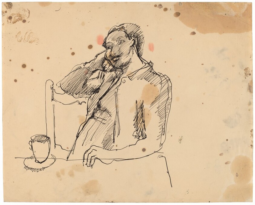 Pensive Woman Seated at a Table, Cup and Saucer to the Left