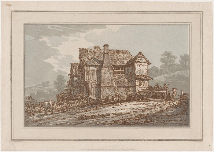 The image shows a rural scene with an old timber-framed house in the center, surrounded by rolling hills, clusters of trees, and a dirt path. A horse, figure, and wooden fence are on the right side. The brushstrokes are detailed, emphasizing the texture of the architecture. The color palette includes muted earth tones and soft grays against a lightly clouded sky.
