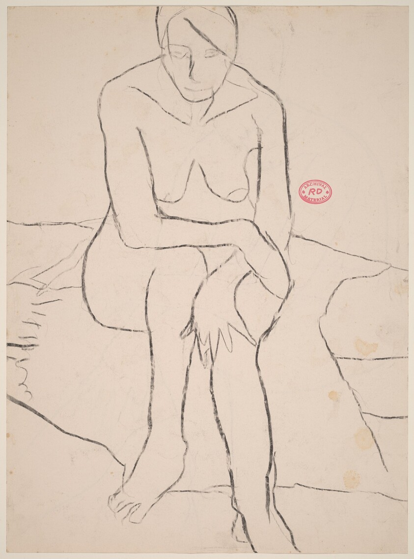 Untitled [front view of a female nude seated on a bed] [recto]