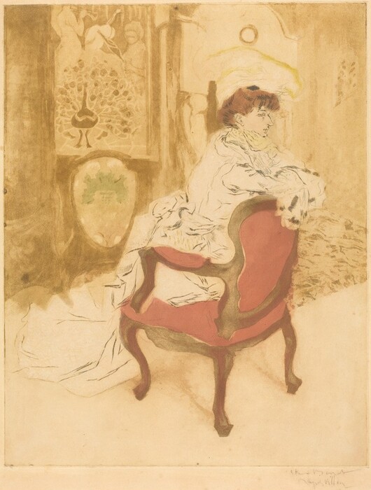 The image shows a woman seated in a pink upholstered chair, positioned in profile with her head turned slightly towards the viewer. She has delicate facial features, brown hair styled elegantly, and is wearing a light-colored draped garment. She wears a hat with a plume and is set against a background featuring an ornate screen with a peacock design and a circular mirror or object. The setting suggests a refined and stylish interior space.