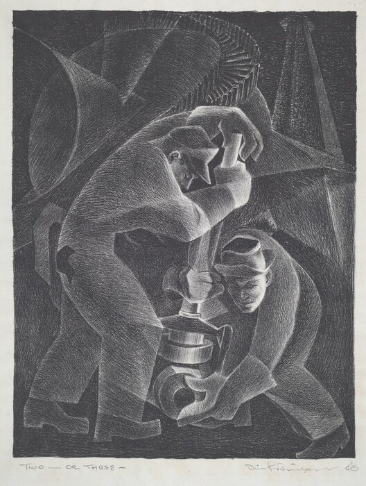 This is an illustration of two workers operating a large mechanical object. In the image, there are two figures manipulating a piece of industrial machinery. One of the figures is standing and holding a tool, while the other is crouched and handling the base of the machinery. The drawing features strong lines and dynamic motion, conveying a sense of determination and collaboration. It uses a monochromatic palette with shades of black and white, contributing to the dramatic and industrious atmosphere. The background includes a large cogwheel or gear, emphasizing the mechanical setting.