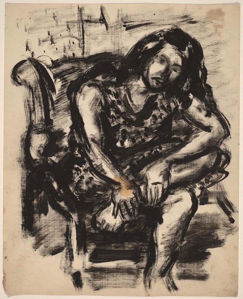 Long-haired Woman Seated with Left Leg Crossed and Hands on Ankle