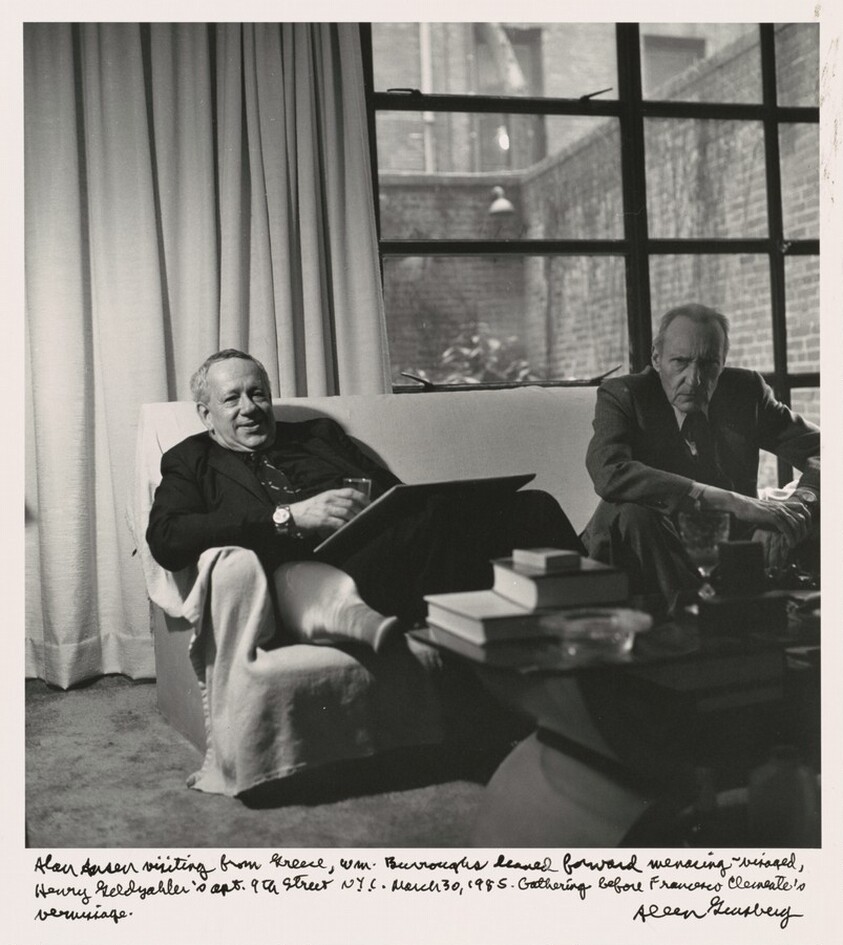 Alan Ansen visiting from Greece, William Burroughs leaned forward menacing-visaged, Henry Geldzahler's apt. 9th Street N.Y.C. March 30, 1985. Gathering before Francesco Clemente's vernissage.