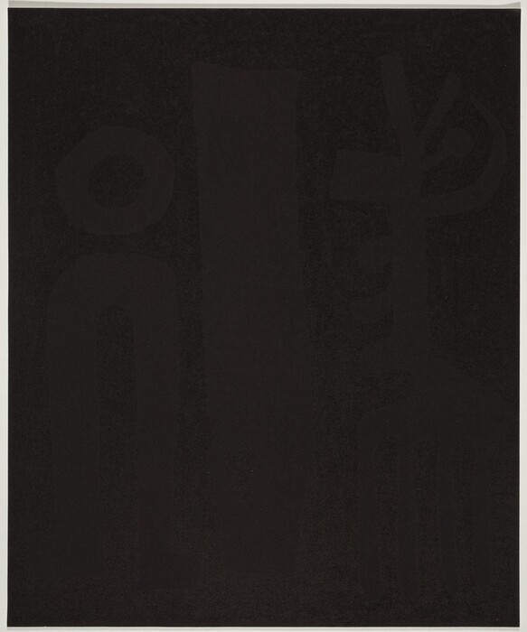 The image shows various abstract shapes and lines, including a circular form and elongated vertical elements. The composition includes a figure resembling an uppercase letter "I" and a form similar to a trident or a fork on the right side. The dark monochromatic palette highlights the contrast and layered textures within the forms.