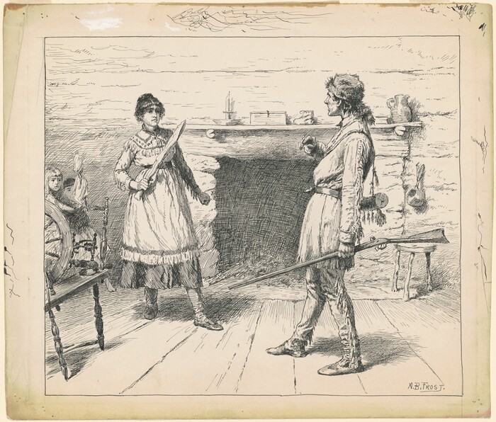 The image shows two individuals in a rustic interior setting. The woman on the left is standing facing the man, holding a large knife. She has long hair tied back or under a bonnet, and is dressed in a long-sleeved dress. The man on the right is standing facing the woman, holding a rifle. He has facial hair and long hair, and is dressed in a tunic-style top with a sash or belt, pants, and moccasin-style shoes. He carries a powder horn over his shoulder. Behind them, a child is seated at a spinning wheel, observing the scene. The room features a large fireplace with a mantle holding various items. There's a stool near the man, and the walls and floor are made of wood.