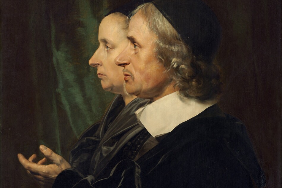 Shown from the shoulders up, a man and woman face our left in profile against a shadowy, dark green curtain in this vertical portrait painting. They both look steadily to our left, they and have pale skin and wear black. The man is closer to us so he overlaps the woman, whose profile is shifted to our left. A black cap sits on the man's curly, silver, shoulder-length hair. He has a slight double chin and soft jowls. A thin mustache curves over his upper lip, and a line of hair runs down his chin as a narrow beard. A broad, flat, white collar lies across his shoulders over a velvety black coat. He lifts his left hand, closer to us, in front of his chest with the fingers curled gently inward. The woman also has a double chin and soft jowls. Her thin lips are closed and downturned. Her hair is pulled back under a black covering, and her black garment has a sheen, suggesting satin.