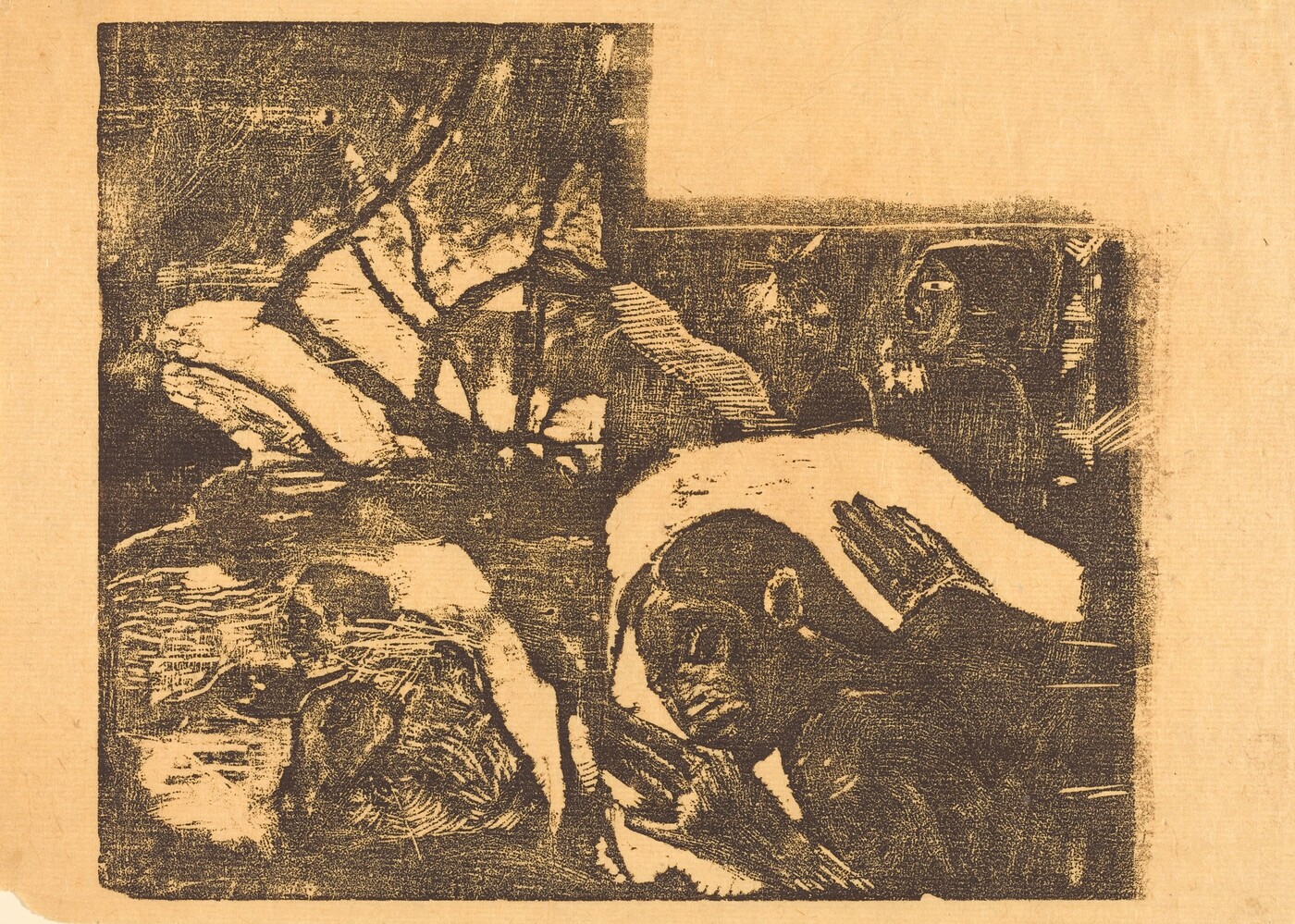 The image depicts a surreal landscape with abstract figures. It shows a dark, woodcut-style depiction of natural elements combined with abstract human figures. A pattern of organic shapes resembling a river or body of water flows on the left side. Branches and trees stretch across the top. Abstract human-like figures are seen on the right, with one figure reclining and raising a hand to the head. The composition suggests an interaction between the natural and abstract, rendered in a monochrome palette, likely in ink or charcoal.