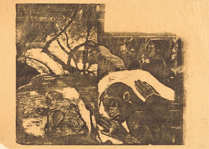 The image depicts a surreal landscape with abstract figures. It shows a dark, woodcut-style depiction of natural elements combined with abstract human figures. A pattern of organic shapes resembling a river or body of water flows on the left side. Branches and trees stretch across the top. Abstract human-like figures are seen on the right, with one figure reclining and raising a hand to the head. The composition suggests an interaction between the natural and abstract, rendered in a monochrome palette, likely in ink or charcoal.
