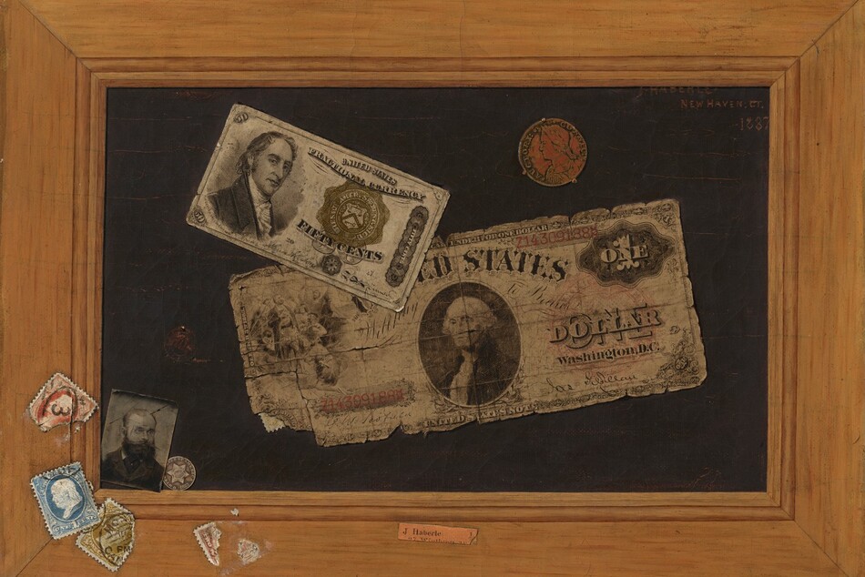 Two pieces of paper money, two coins, and a small black and white photograph of a bearded man seem to be affixed to a dark surface surrounded by a wide wooden frame, to which several stamps have been affixed in the lower left corner. A dollar bill with frayed edges is stuck to the black background across the center, and the lower left corner lifts up. The dollar bill has a portrait of George Washington in an oval at the center with “UNITED STATES” above. The serial number “Z143091888” appears in red to the left and is repeated in the upper right corner, and “ONE DOLLAR WASHINGTON DC” is printed in black to the right. Overlapping the top left of the dollar bill, another bill about half the size is printed with a portrait of a cleanshaven, light-skinned man in a high-necked coat and frilled collar, angled to our right but looking at us over a long, hooked nose and wide lips. To our right, the bill reads, “UNITED STATES FRACTIONAL CURRENCY,” and, below a seal, “FIFTY CENTS.” Above the dollar bill, a worn, copper-colored coin is held to the panel by three small prongs. The coin has the head of a person facing our left in profile. An inscription around the edge reads, “AUCTORI CONNEC.” A small photograph showing the head and shoulders of a bearded, balding man wearing glasses and a dark suit seems to have been tucked into the lower left corner between the dark background and the wood frame. Slightly behind the photograph, a silver coin resting on the ledge of the frame has a six-pointed star with a striped crest at the center, and is inscribed around the edge, “UNITED STATES OF AMERICA 1853.” Above the photograph is a dark circular stamp stuck with a pin. Attached to the bottom left corner of the wood frame are several different colored, cancelled stamps, some of them torn. In the bottom center, a piece of paper with the typed words “J. Haberle” seems to have been pasted onto the frame. The painting is inscribed in the upper right with red against the black field: “J. HABERLE NEW HAVEN, CT. 1887.” Upon closer inspection, we notice the edge of the wood frame is actually rough canvas. There also does not seem to be a gap between the painted picture and the wood frame. We eventually realize that all of it—the money, photograph, stamps, and frame—are all painted to create an illusion.