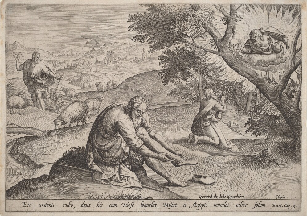 This is a drawing of a biblical scene in a pastoral landscape. The central figure is kneeling and removing footwear, while another figure is kneeling in prayer. A divine figure emerges from a cloud above them, gesturing from within a radiant area. The landscape features sheep, a shepherd, a village or town, and rolling hills. The drawing is detailed, with intricate hatchwork and shading, conveying a religious narrative.