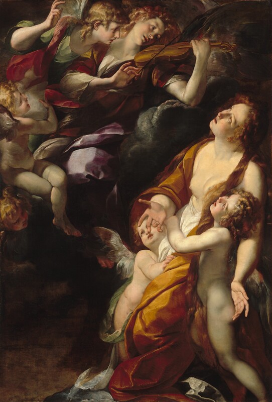 A kneeling woman and two nude, winged, child-like angels supporting her all look up at three angels on a cloud bank in this vertical painting. The woman and her attendants in the lower right corner take up half the composition, which is divided from the second group by a diagonal line of charcoal-gray clouds. All the people have pale skin with gray-tinged shadows and pink cheeks. The woman’s face is tipped up, her mouth open. Long, copper-red curls frame her face and fall down her back. An ochre-yellow robe falls off her shoulders to expose her breasts, and her legs are covered by a white shift. She holds both hands palm up. One arm drapes across the shoulders of an angel who hugs her waist. The other angel leans against the woman’s lap. These two and the other three angels all have gold or strawberry-blond curly hair and silvery gray or lavender-purple wings. In the clouds, one angel plays a violin, and another gestures with the first two fingers raised. Those two wear robes in laurel green, crimson red, or white. Another nude child-like angel sits on the clouds along the left edge of the painting, and a winged baby head is below. The groups are lit dramatically from the front and slightly to our left, so the setting is deep in shadow.
