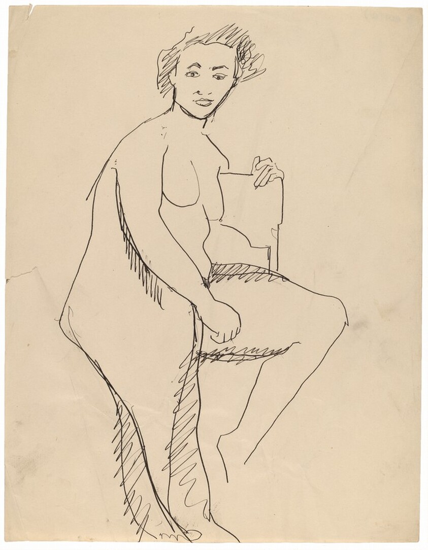Nude Sideways on a Chair, Right Leg Extended to Ground
