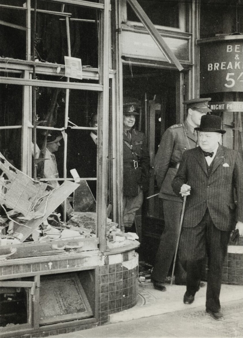 Title from caption on object: “Churchill Ignores Raid Warning”