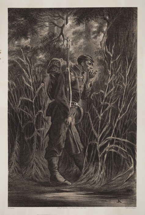 The image shows a man standing next to a tree in a forest. He is wearing a dark military uniform and holding a pipe with one hand. His other hand is resting by his side. The man has a focused expression, short combed hair, and a military cap. A rifle with a bayonet and a backpack are strapped to his back. The background consists of dense vegetation, including trees and tall grasses.