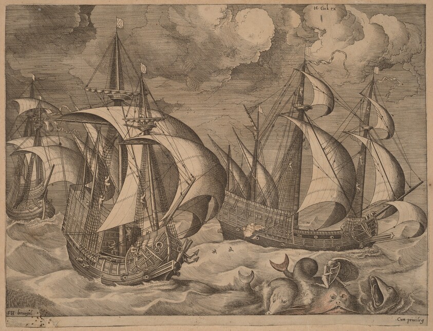 Three Caravels in a Rising Squall with Adrion on a Dolphin