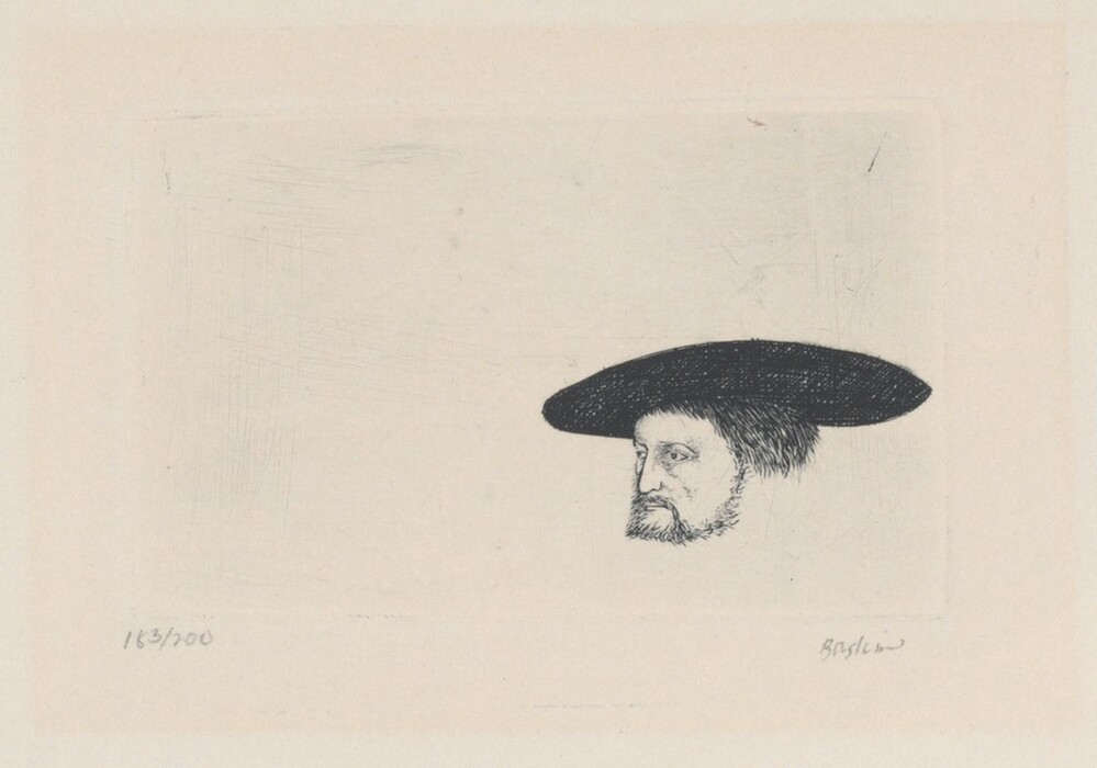 The image shows the head of a man in profile, facing right. He has a prominent nose, a beard, and a serious expression. He wears a wide-brimmed black hat and has short hair. There are no visible clothes. The background is plain and light in texture. At the bottom, there are annotations: "183/200" and the signature "Boydell."