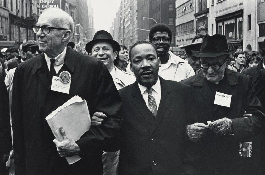 Dr. Benjamin Spock, Dr. Martin Luther King, Jr., and Monsignor Rice of Pittsburgh march in the Solidarity Day Parade at the United Nations Building