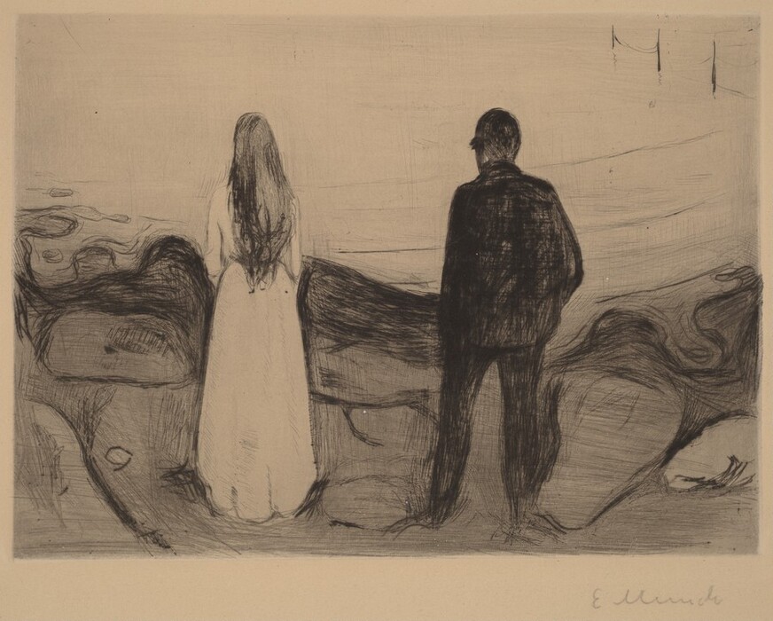 The image depicts two figures standing side by side, viewing an abstract landscape. Both figures are seen from behind. The figure on the left has long hair and wears a long dress, while the figure on the right is wearing a dark suit with short hair. The background features swirling, abstract shapes resembling a rocky landscape with faint horizon lines and open space.