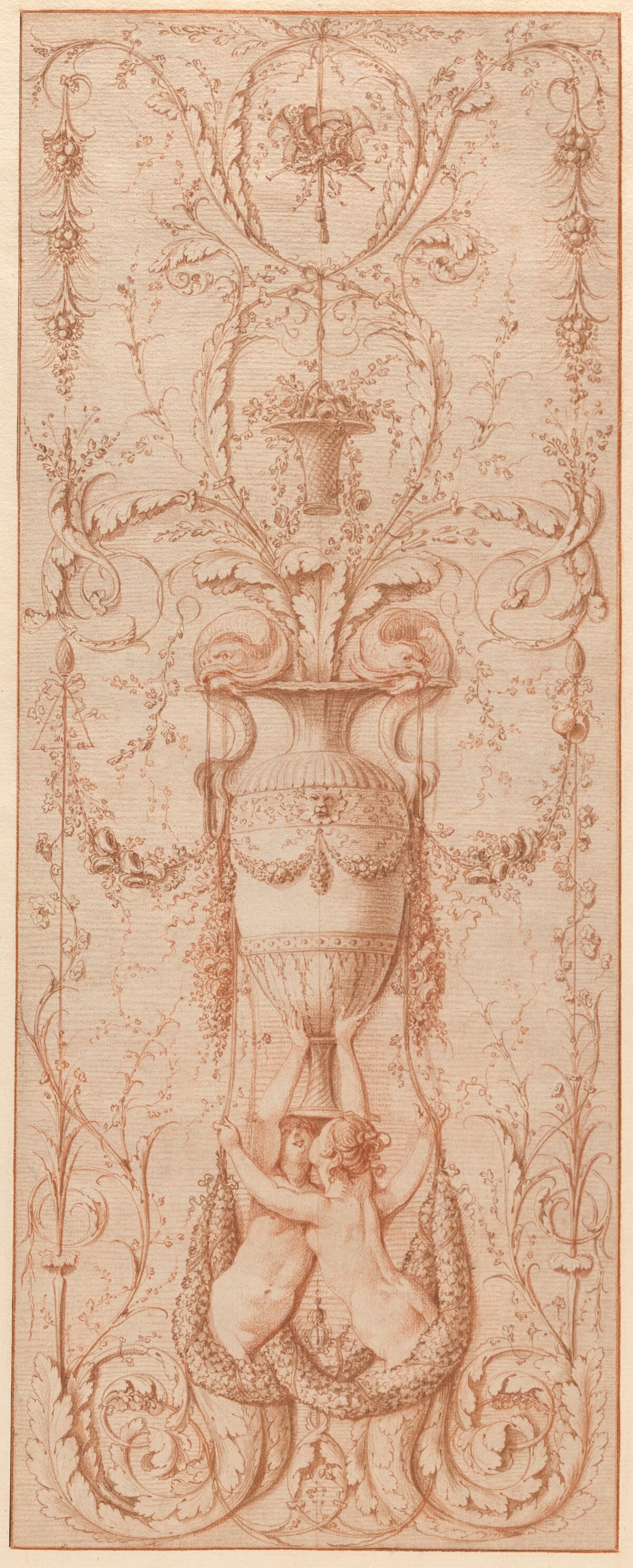 Design for a Decorative Panel with Two Sirens Holding a Vase Embellished with Dolphins and other Decorative Motifs