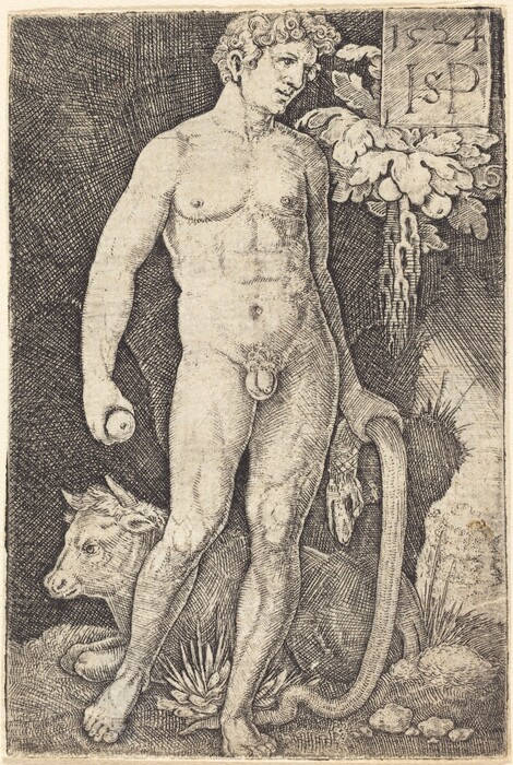 The image shows a male figure standing in a contrapposto position. He has curly hair and defined features. The figure is nude and holds an apple in his right hand and a staff in his left hand. Beside him lies a cow's head and body among plants. The background features detailed foliage and a cascading shape. The artwork is monochrome with engraved lines for texture and depth, and inscriptions are in the top right corner.