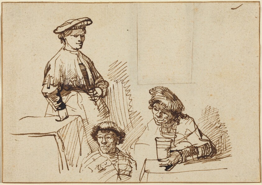 Sketches from a Tavern: Woman Standing and Two Men Seated