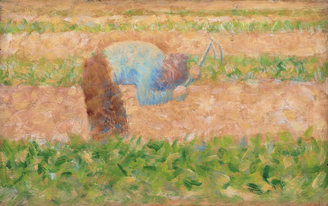 This painting shows a person in an agricultural setting. The background is made of horizontal bands of browns and greens, painted in short, overlapping strokes. In the center, the person is bent over, facing the right and raising a thin tool above their head. The person is dressed in a blue shirt and brown pants and appears to have pale skin. There is an area of pinkish gray on their head, perhaps suggesting hair or a hat. The person is painted in the same short, overlapping strokes, giving them a blurred appearance with little detail.