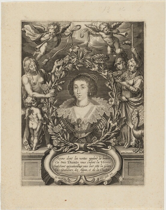 This image features an engraving with a portrait of a woman surrounded by ornate decorations and other figures. The woman's visible form includes her head and shoulders, centrally positioned and facing the viewer. She has delicate facial features with wavy, shoulder-length hair styled back with a decorative headpiece, and is dressed in an elaborate gown with lace trim, complemented by a pearl necklace and earrings. Around her portrait is a wreath-like frame with flowers, and two cherubs or putti are shown holding trumpets above. To the left, another cherub holds flowers near a bearded figure, and to the right, a knight in armor stands with a woman holding a plate of offerings. The background contains detailed engravings of greenery and scroll-like elements. Below the portrait, there is an inscribed plaque.