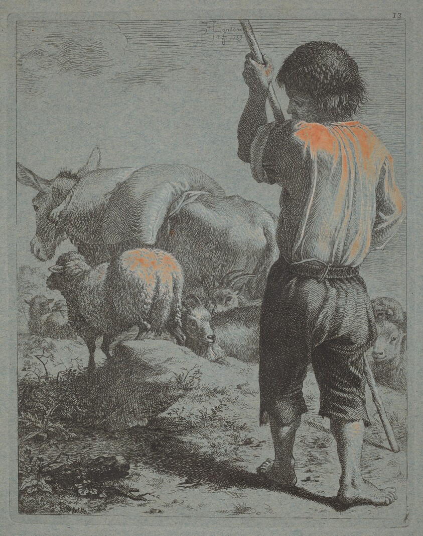 Shepherd with Donkey, Sheep and Goat