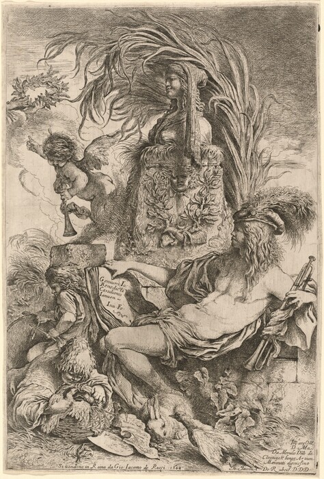 This is a drawing depicting a complex allegorical scene. The central figure appears to be carved from stone with flowing hair and a headpiece resembling feathers or leaves. A cherubic figure with wings holds a small trumpet nearby. Various items like a basket and a scroll are scattered on the ground. The line work creates rich texture and intricate detail, defining the leaves, fabric, and mythical figures in the drawing.