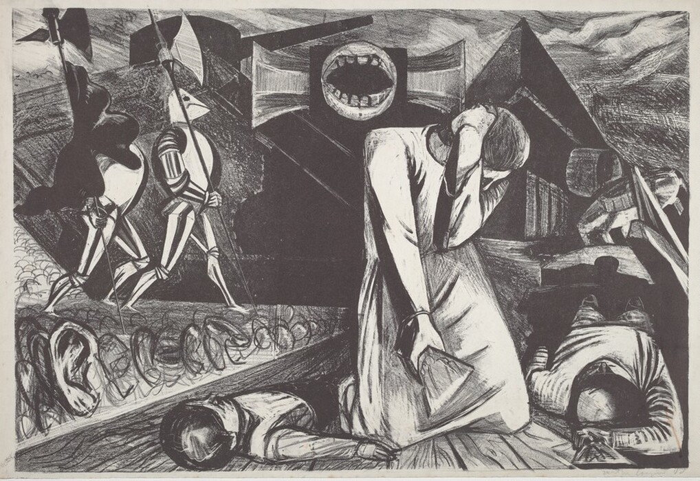 This abstract image contains sharp and dynamic lines and shapes. In the foreground are two angular humanoid figures with armor-like patterns holding long staffs. Beside them, a large figure in a flowing robe is bent over, with hands covering the ears. In the background, a large open mouth is formed by curved lines enclosed in a box-like shape. Distorted shapes along the bottom left could be seen as an ear.