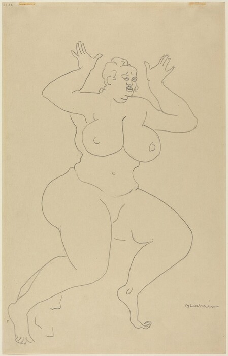 The image is a line drawing of a person in motion. The person is depicted in a dynamic pose, with one leg slightly bent and the other extended, both arms raised, and hands open with fingers splayed. The face has minimal features, with a prominent nose and a calm expression, and the hair is represented by simple lines in a wave-like shape. The person is drawn nude, emphasizing the body's form with bold, continuous lines. There are no visible accessories, and the background is plain. The artist's signature, "Grosz," is seen in the lower right corner.
