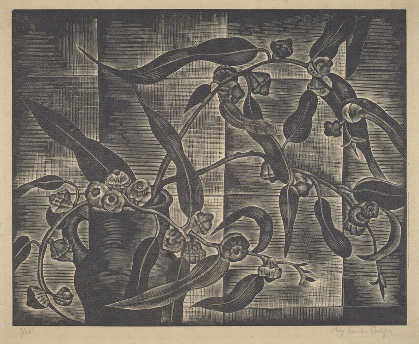 The image shows a dark vase with looping stems and flowers, surrounded by leaves and buds in a monochrome color palette. The vase is slightly off-center to the left, with the stems and flowers extending towards the right and upper corners of the image. Shadows and lines intersect throughout the background.