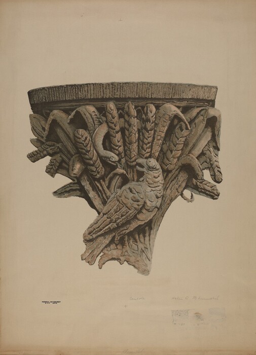 The sculpture depicts a bird perched among intricate foliage and wheat-like elements, forming a decorative capital that would typically adorn the top of a column. The material resembles stone or plaster, with a natural color palette in shades of brown and gray. The carving captures textures of feathers and leaves, indicating skilled craftsmanship. The sculpture combines natural motifs with classical design principles.