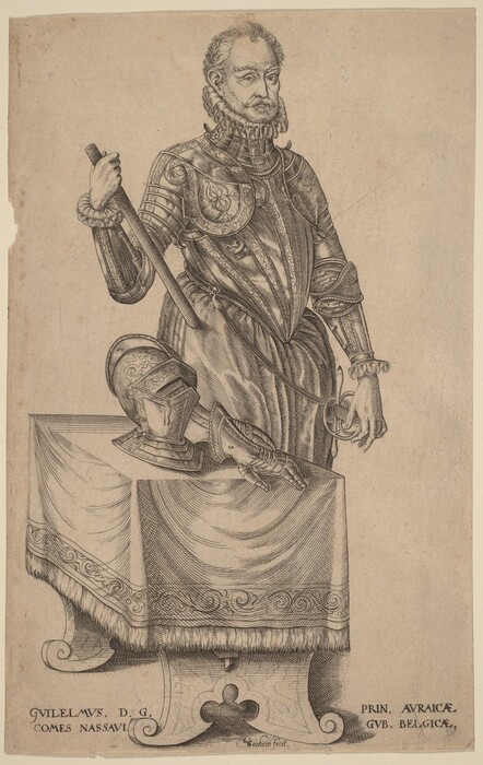 The image shows a man standing in a composed posture. He is positioned with one hand resting on the hilt of a sword or staff on a curved surface, while his other hand appears to rest near a helmet and gauntlet on a draped pedestal. The man has a beard, mustache, wavy hair, and wears ornate armor with floral patterns on the shoulder pauldrons and a high ruffled collar. The background is plain with a textured, aged appearance typical of an engraving. The bottom of the image contains inscriptions with text formatted in classical script.