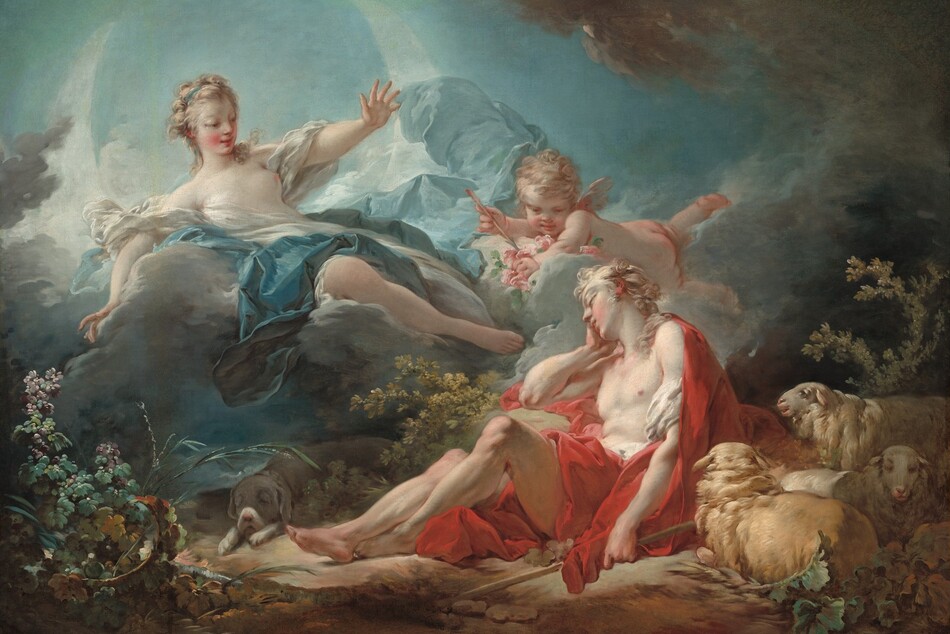 Close to us, a woman and a winged, child-like putto float on clouds above a clean-shaven young man in a forest setting in this horizontal painting. All three people have smooth, pale skin, rosy cheeks, and ash-blond hair. The man reclines with his torso propped so his feet extend along the rocky ground to our left. He rests his head in his right hand, farther from us, with that elbow resting on a rock. We look up onto the underside of his chin and delicate features. A scarlet-red robe falls from his shoulders and across his hips. One knee is propped up, and that foot is tucked behind his other ankle. His muscular torso, arms, and legs are bare. His left hand, closer to us, rests by his side and loosely holds a staff. Three tan-colored sheep with long faces lie or stand behind the man, in the lower right corner of the painting. A light gray hound dog with floppy ears sleeps with its drooping muzzle resting on its paws in the shadows at the man’s feet. The woman floats just above the man, reclining on a fog-gray cloud with her feet angled toward the man’s torso. Her curls are held back by a topaz-blue ribbon, and she looks down at the man, a faint smile on her lips. A loose white garment partially covered by a blue robe falls from her shoulders, leaving one breast and one leg bare. She reaches outward with her left hand, palm out, and the other hand rests down on the cloud alongside her. A sharply pointed, luminous crescent moon curves up to each side behind the cloud. The chubby, nude, baby-like putto nestles on his belly in a cloud between the man and woman. He has short, tousled hair, stubby wings, and his skin is flushed pink. An arrow held in one hand points toward the man, and the putto rests his other hand in a bunch of pink roses. Plants and flowers grow in patches on the ground around the man. The sky above is framed with steel-gray clouds against pale blue.