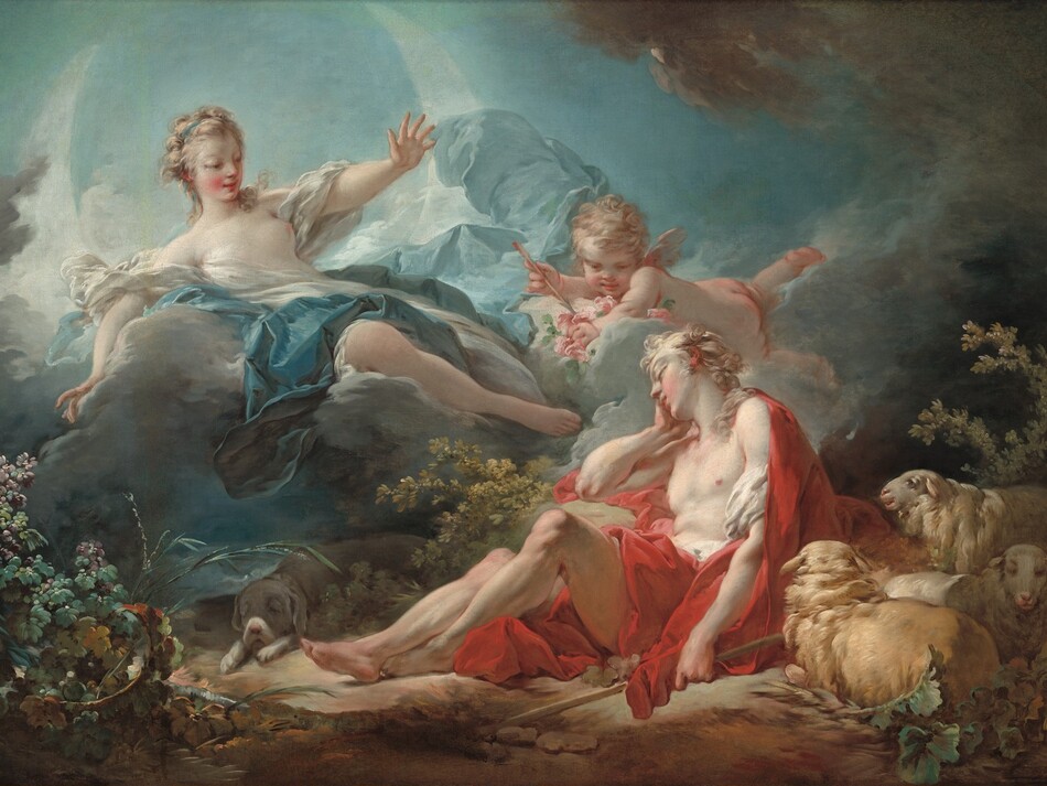 Close to us, a woman and a winged, child-like putto float on clouds above a clean-shaven young man in a forest setting in this horizontal painting. All three people have smooth, pale skin, rosy cheeks, and ash-blond hair. The man reclines with his torso propped so his feet extend along the rocky ground to our left. He rests his head in his right hand, farther from us, with that elbow resting on a rock. We look up onto the underside of his chin and delicate features. A scarlet-red robe falls from his shoulders and across his hips. One knee is propped up, and that foot is tucked behind his other ankle. His muscular torso, arms, and legs are bare. His left hand, closer to us, rests by his side and loosely holds a staff. Three tan-colored sheep with long faces lie or stand behind the man, in the lower right corner of the painting. A light gray hound dog with floppy ears sleeps with its drooping muzzle resting on its paws in the shadows at the man’s feet. The woman floats just above the man, reclining on a fog-gray cloud with her feet angled toward the man’s torso. Her curls are held back by a topaz-blue ribbon, and she looks down at the man, a faint smile on her lips. A loose white garment partially covered by a blue robe falls from her shoulders, leaving one breast and one leg bare. She reaches outward with her left hand, palm out, and the other hand rests down on the cloud alongside her. A sharply pointed, luminous crescent moon curves up to each side behind the cloud. The chubby, nude, baby-like putto nestles on his belly in a cloud between the man and woman. He has short, tousled hair, stubby wings, and his skin is flushed pink. An arrow held in one hand points toward the man, and the putto rests his other hand in a bunch of pink roses. Plants and flowers grow in patches on the ground around the man. The sky above is framed with steel-gray clouds against pale blue.