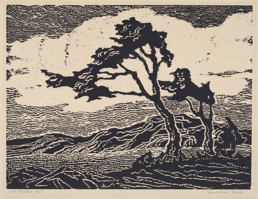 The image shows a landscape with windblown trees, a low horizon, rolling hills, and a monochrome color palette. The style resembles block printing with bold black lines on a light background. The brushstrokes create textured hills and sky. The trees have a dynamic silhouette.