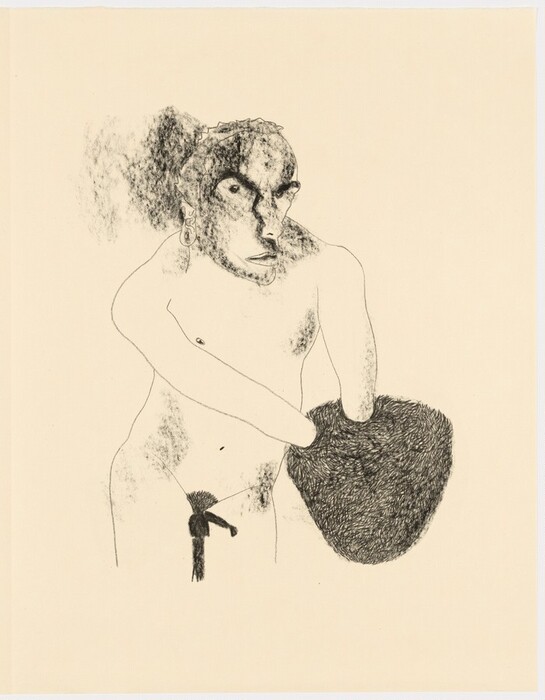 The image shows an upper body portrait of a person standing. The individual has their head turned slightly to the left while looking straight ahead. They have distinct facial features - large eyes, a pronounced nose, and full lips. The person's hair is voluminous and textured, extending on one side. They are minimally clothed with a decorative element near their waist and a long, textured earring on the right ear. The person appears to be holding or resting their arm on a large, textured object resembling a basket or container. The background is a plain, light color that highlights the figure in the foreground.