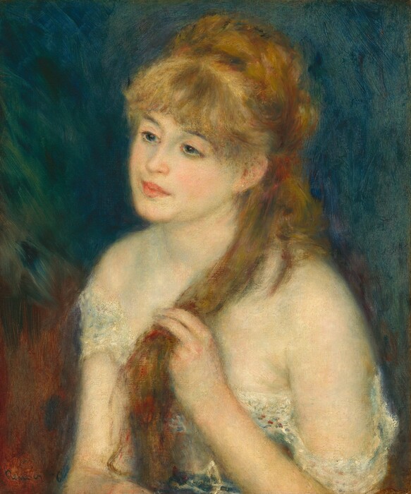 A young woman with peachy skin shaded with ice blue and pale, mint green is shown from the chest up wearing a low-cut, white garment in this vertical portrait painting. The painting is created with blended brushstrokes, giving it a soft, blurred effect. The woman’s body is angled to our left and she looks off in that direction with blue eyes, her head tipped a little toward us. She has a straight nose and full, rosy pink lips. Thick, blond bangs sweep across her forehead, and her hair is partially pulled back. She holds one long lock with her left hand, on our right, in front of her shoulder. One small gold ball earring adorns the ear we can see. Her low-cut, white garment falls off her shoulders and is belted with a blue sash at her waist. The background is made up of a field of royal and turquoise blue behind her head and shoulders, and rust brown behind her body. The artist signed and dated the work with dark paint in the lower left corner: “Renoir.76.”