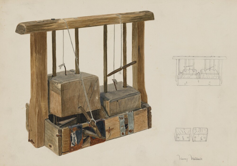 The image shows a wooden contraption on the left side. It has multiple vertical wooden bars and two large rectangular blocks in the center. The color palette is various shades of brown with some metallic elements. On the right side, there are two line drawings of similar contraptions.