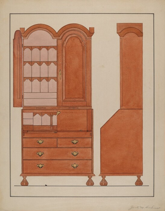 This is a drawing of a wooden cabinet. The drawing depicts a tall, ornate cabinet likely designed for storage. The cabinet features a curved top design with a series of double arches. The front view shows two main sections: an upper portion with enclosed shelves behind double doors, and a lower portion with two levels of drawers. Each drawer has metallic handles. The side view shows a slanted backing. The cabinet stands on short, ball-turned feet. The drawing demonstrates precision and symmetry typical of furniture schematics.
