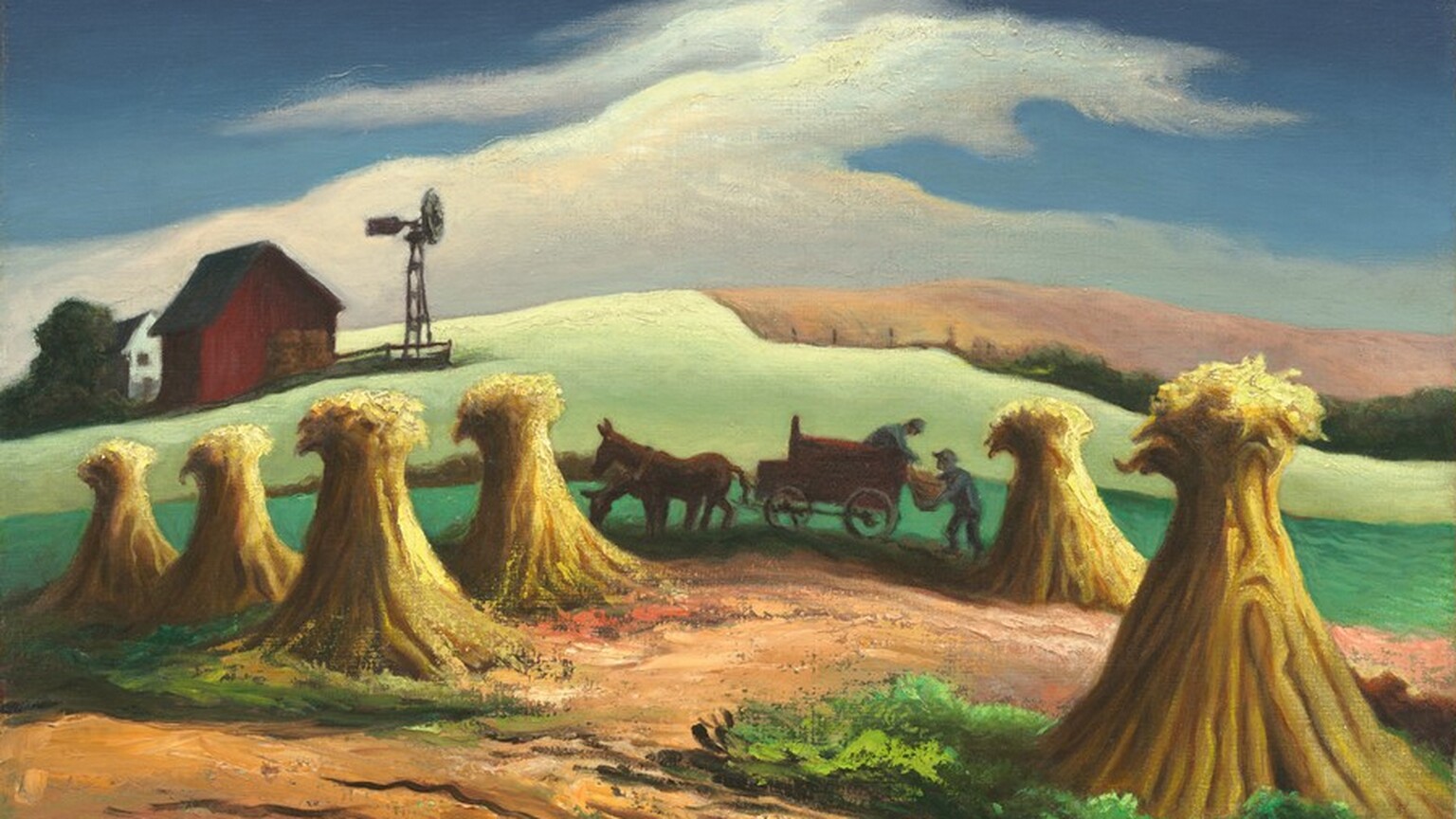 Six bunches of harvested corn close to us lead back to two people planting fields, which in turn lead back to a red barn and white house in this horizontal landscape painting. The shocks of corn are tied into rounded, pyramidal shapes on a ground streaked with brown dirt and green growth. In the center of the composition and in the distance, a person on a horse-drawn wagon hands a sack or other object down to a person standing at the back of the wagon. Vibrant green hills roll back to red and white structures to the left and a row of dark green trees on the horizon to the right. In the top third of the painting, a wave of white clouds seems to crest against a jewel-blue sky. The curves of the land are slightly exaggerated, giving the painting a stylized look. The artist signed and dated the painting in the lower left corner, “Benton 48.”